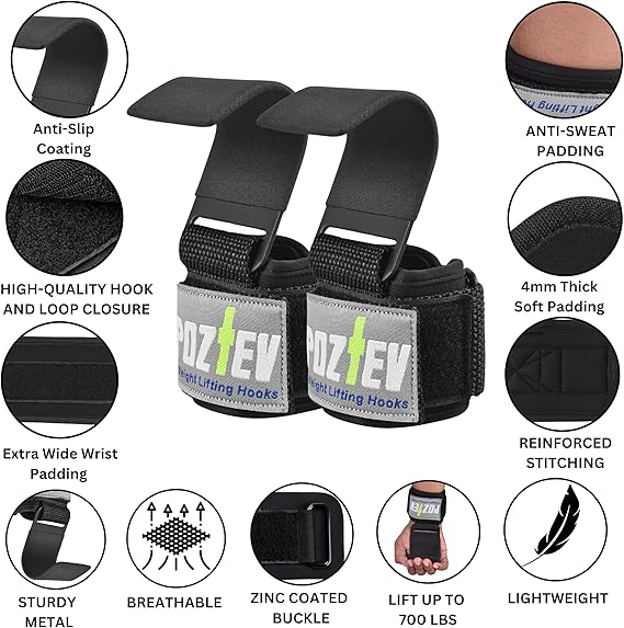 Weight Lifting Hooks (Pair) - Padded Wrist Wraps - Hand Grips Deadlift Straps for Men and Women - Grip Support for Bodybuilding Heavy Gym Workout - Ideal for Deadlifts, Powerlifting, Shrugs, Pull-Ups